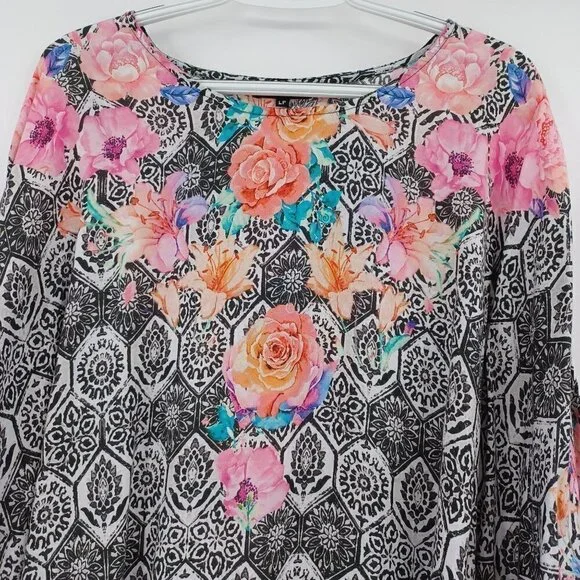 Tolani Collection Printed Woven Caftan Tunic Top Women's LP Floral Boho Hippie - Picture 3 of 10